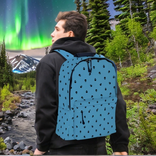 Backpack in Tranquil Blue with Black Skull Pattern