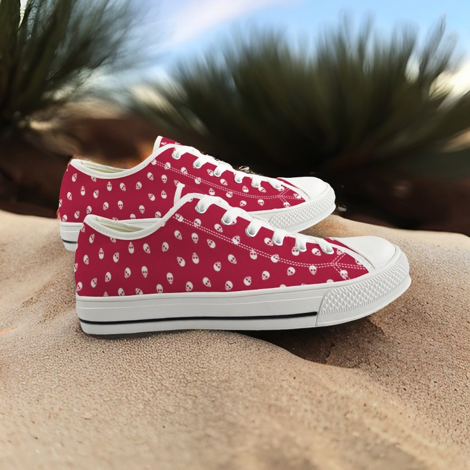 Low Top Canvas Skull Sneakers in Viva Magenta and White