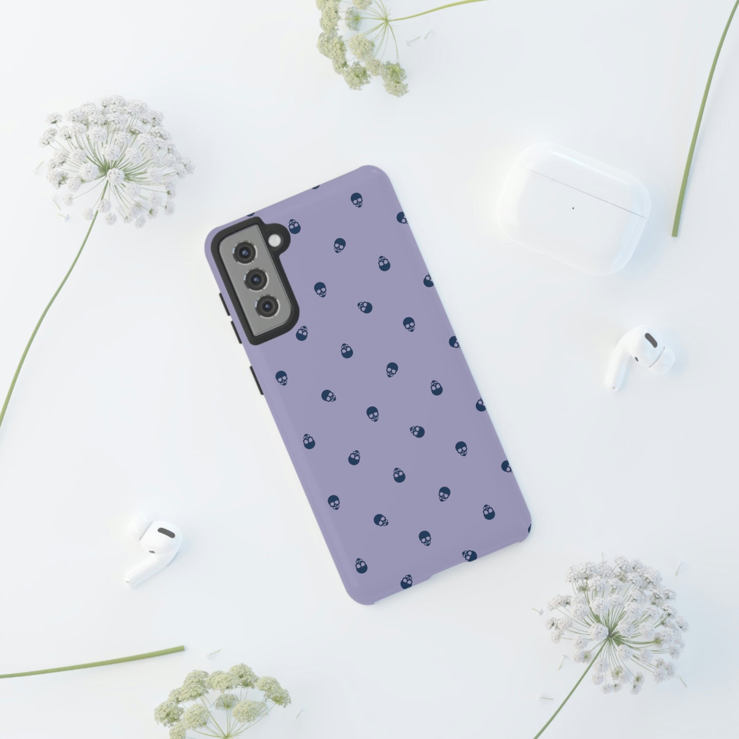 Tough Cases for Iphone, Samsung, Pixel - Lazuli Blue Skulls Pattern on Digital Lavender