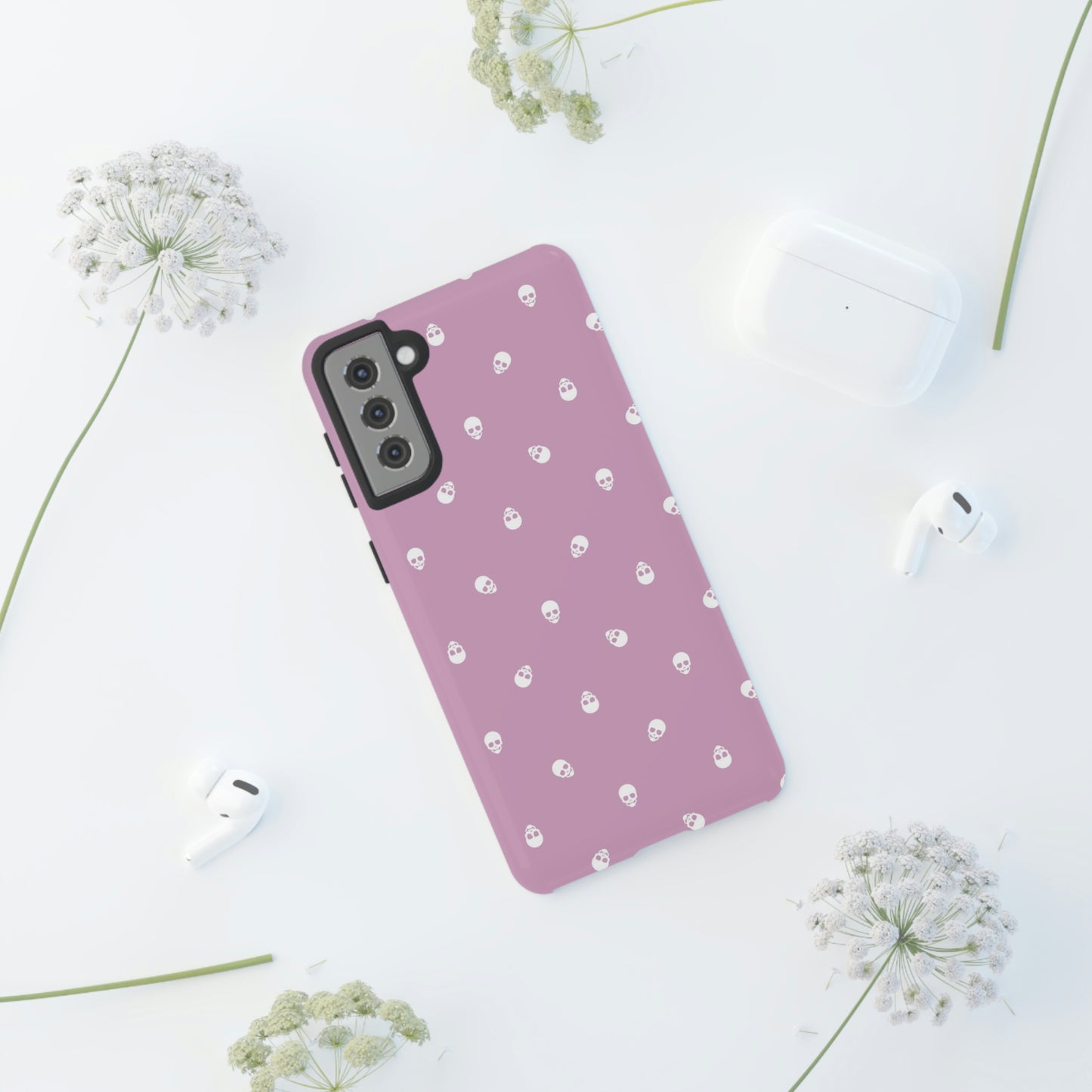 Tough Cases for Iphone, Samsung, Pixel - White Skulls Pattern on Fondant Pink