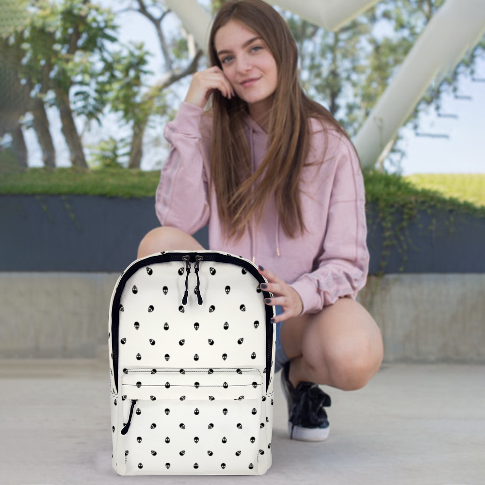 Backpack in White with Black Skull Pattern