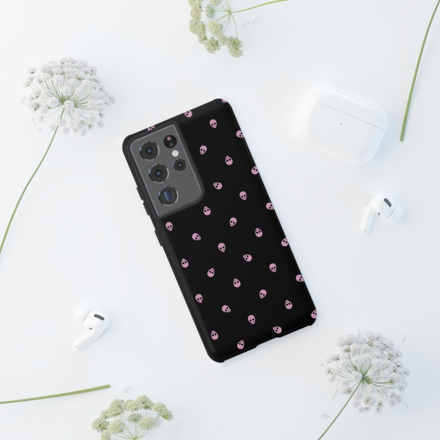 Tough Cases for Iphone, Samsung, Pixel - Fondant Pink Skulls Pattern on Black