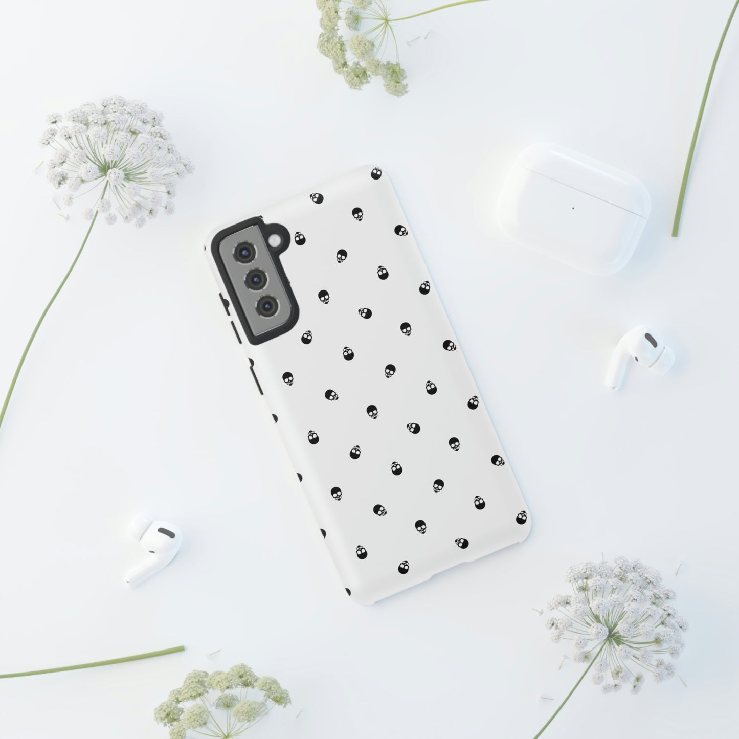 Tough Cases for Iphone, Samsung, Pixel - Black Skull Pattern on White