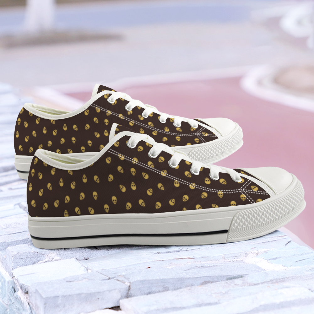 You need these unique, original and stylish skull pattern fashion sneakers in the 2023 fashion colors Dark Oak and Honeycomb to go with your wardrobe!