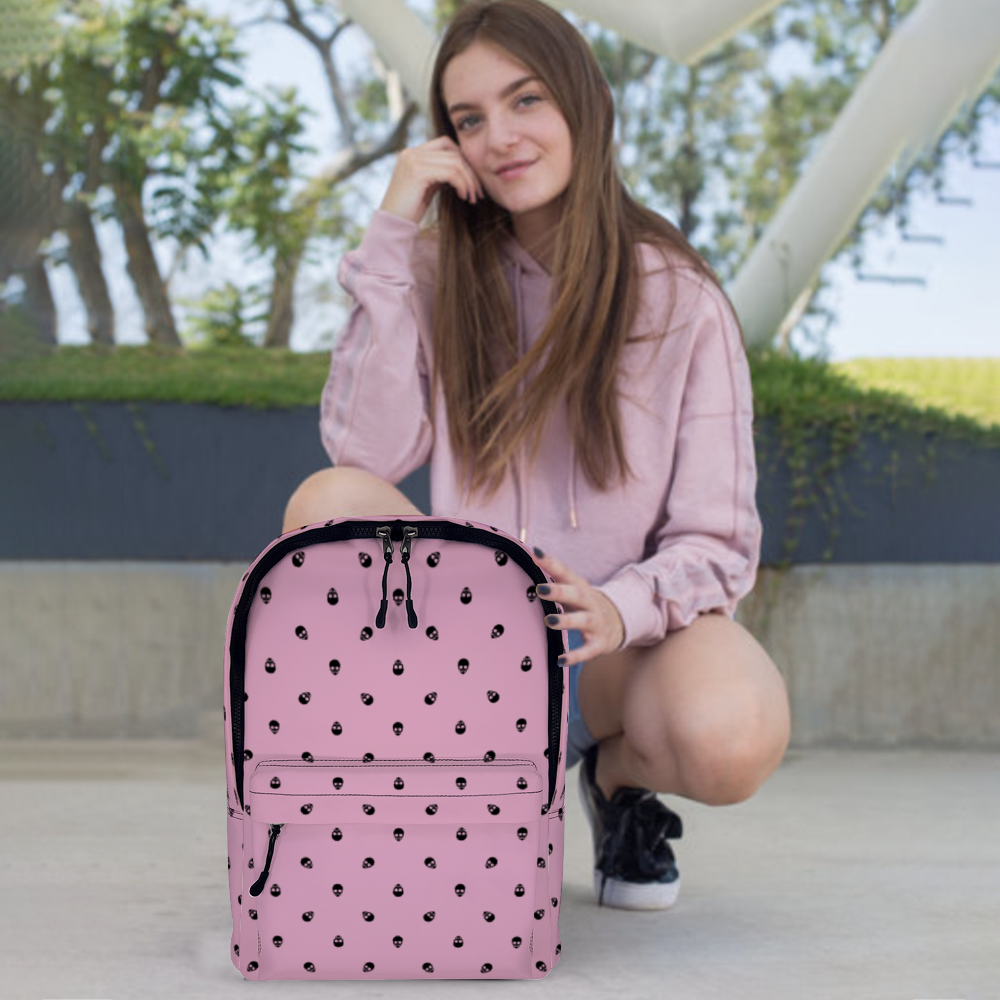 Backpack in Fondant Pink with Black Skull Pattern