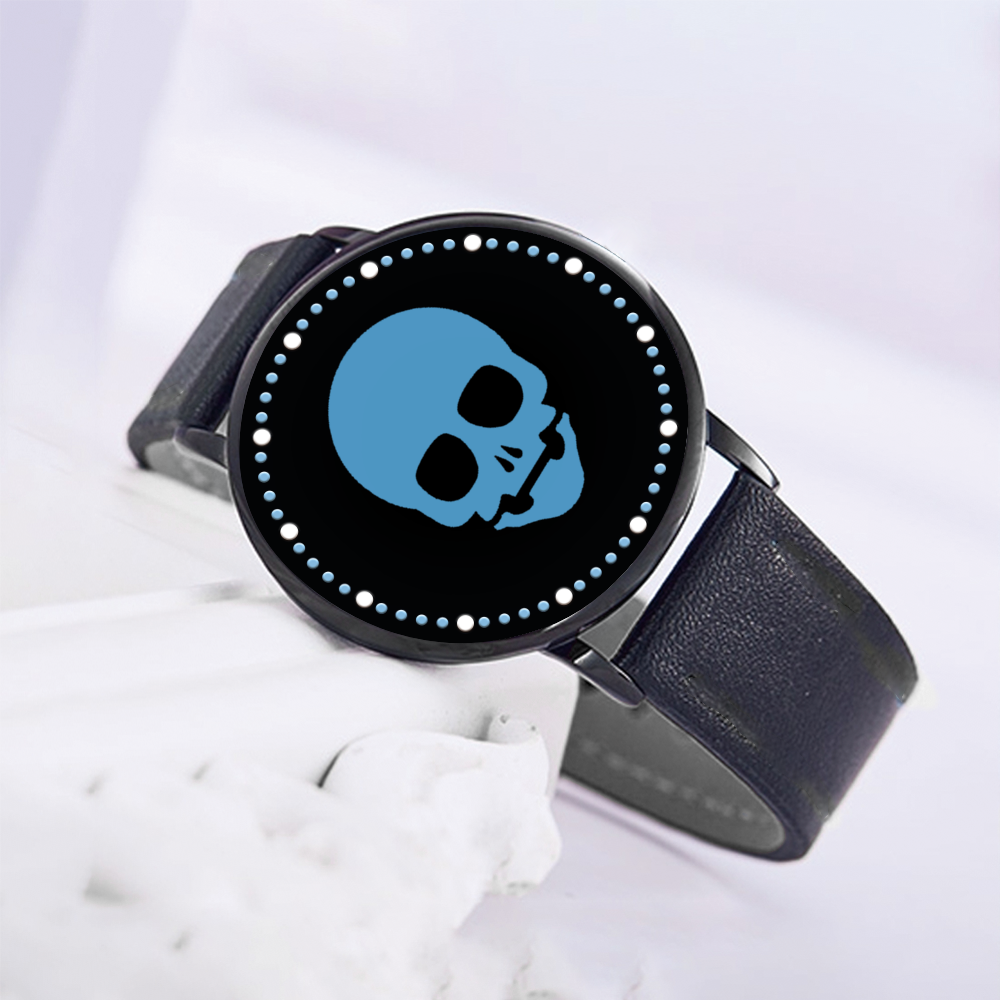 Futuristic black LED touch screen watch featuring a captivating tranquil blue skull face, perfect for adding a bold and modern touch to any look.