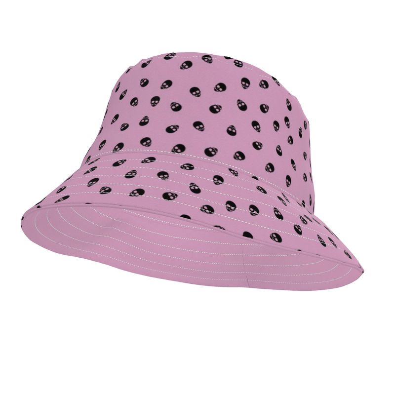 Bucket Hat in Fondant Pink with Black Skulls