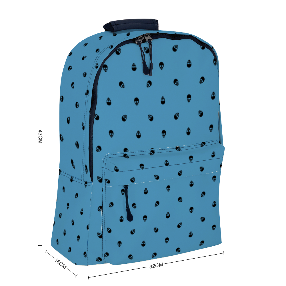 Backpack in Tranquil Blue with Black Skull Pattern