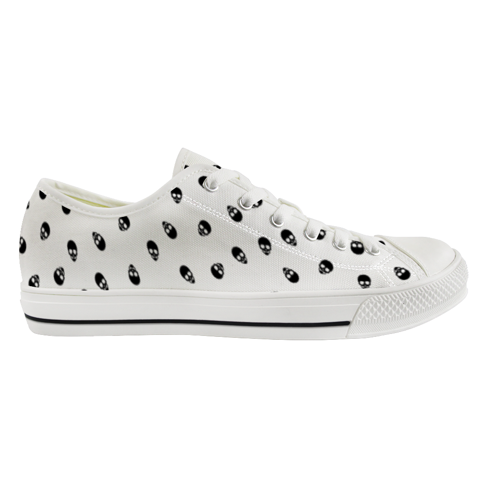 Low Top Canvas Skull Sneakers in White and Black