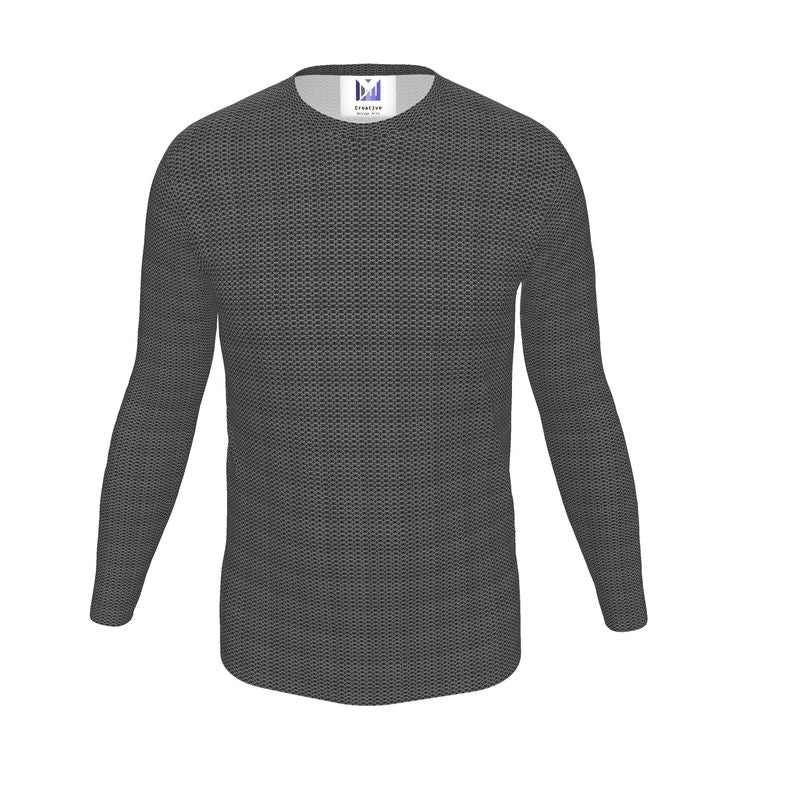 Black Long Sleeve T-Shirt with Striking Metallic Chainmail Print - A bold and stylish addition to your wardrobe, perfect for making a statement.