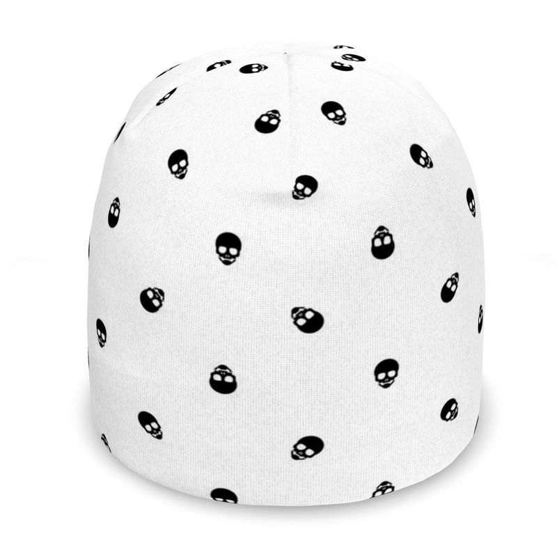 Black beanie featuring an all-over print of snowy skulls, perfect for adding a bold and edgy touch to any winter outfit.