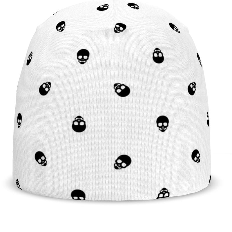 Frosty Fearlessness: Snowy Skullscape All-Over Black Skull Print Beanie