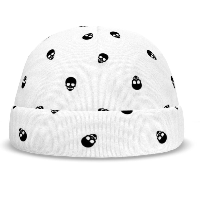 Frosty Fearlessness: Snowy Skullscape All-Over Black Skull Print Beanie