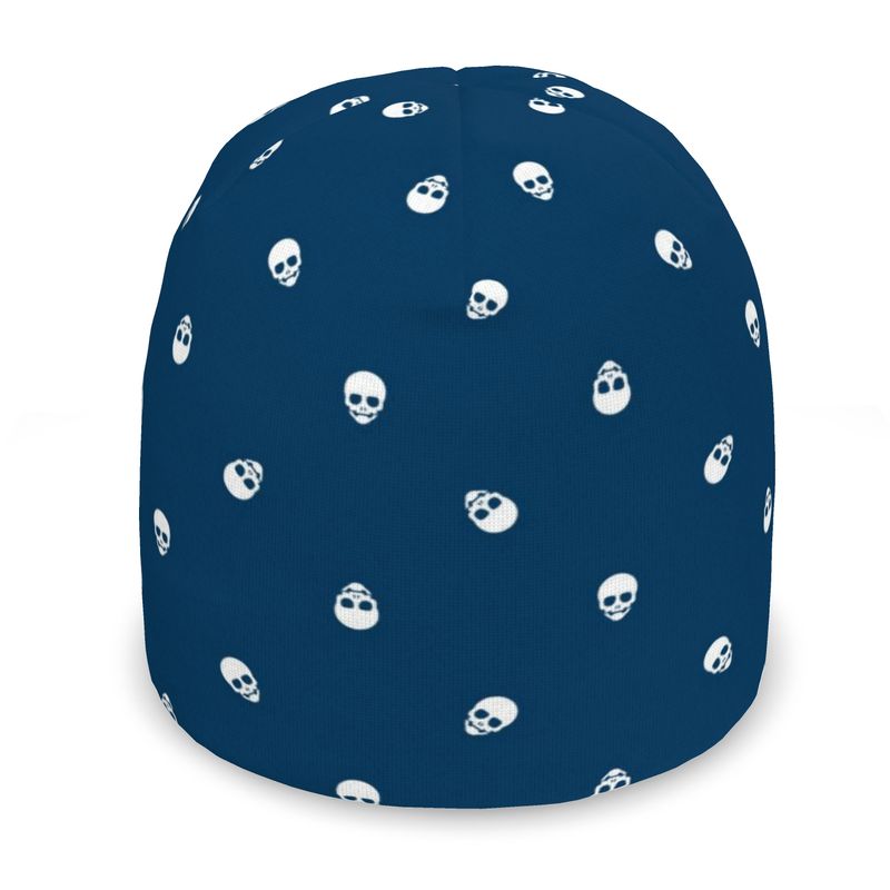 Lazuli blue beanie with white skull print for a trendy and edgy look.