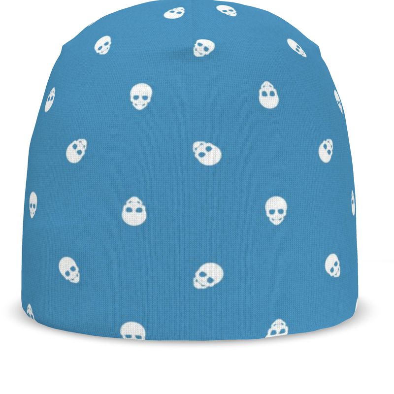 Serene Rebellion: Tranquil Blue with White Skullscape All-Over Print Beanie