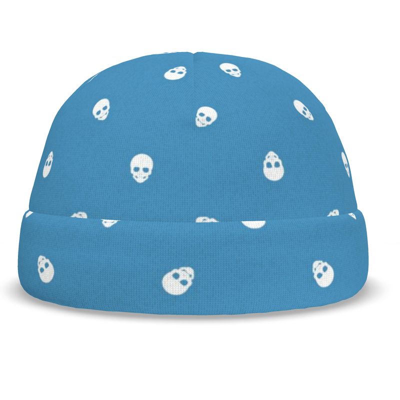 Serene Rebellion: Tranquil Blue with White Skullscape All-Over Print Beanie