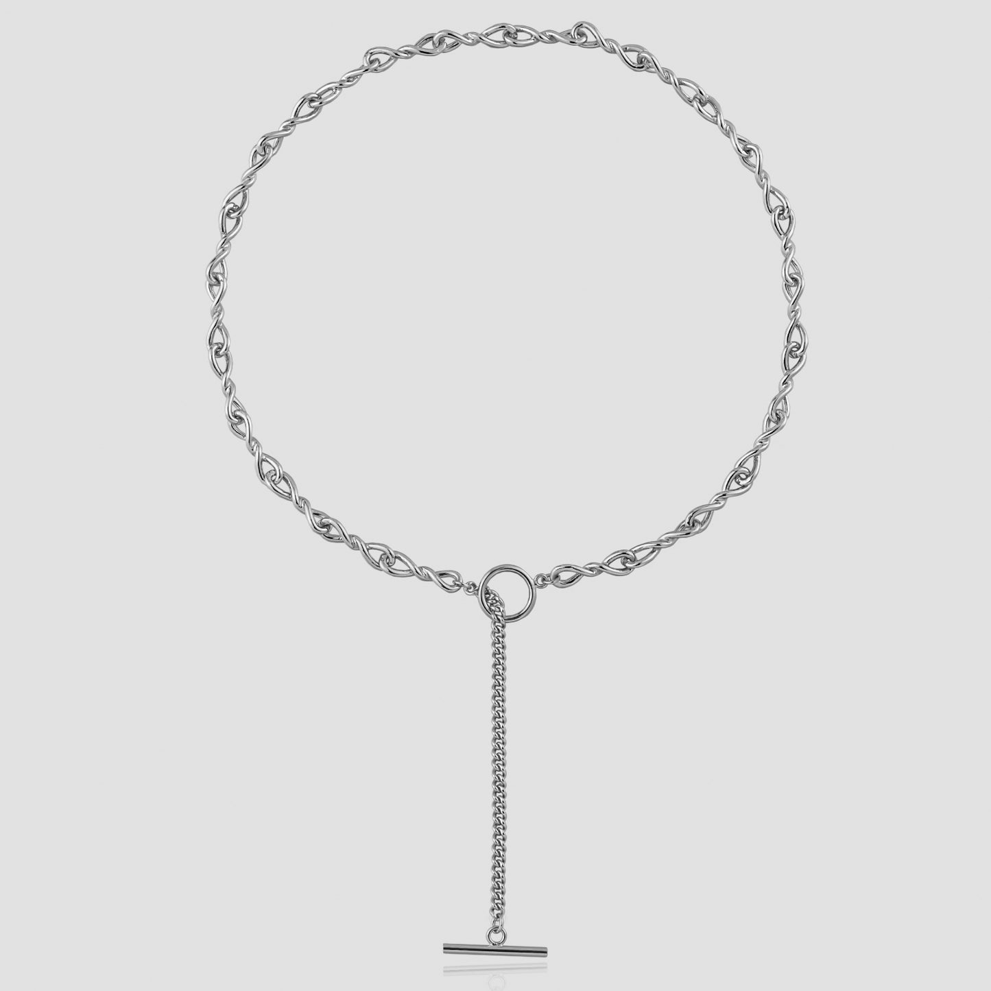 Chic twisted link 925 sterling silver necklace with an elegant 'T' dangle, blending contemporary style with classic charm.