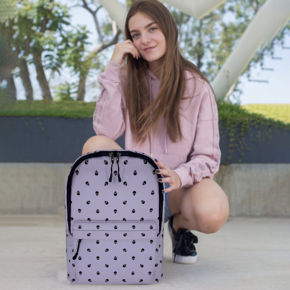 Backpack in Digital Lavender with Black Skull Pattern