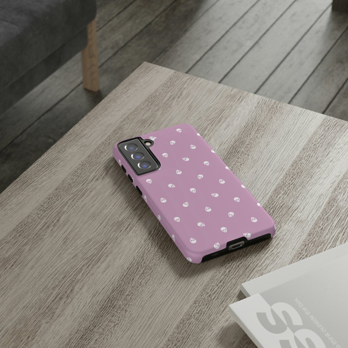 Tough Cases for Iphone, Samsung, Pixel - White Skulls Pattern on Fondant Pink