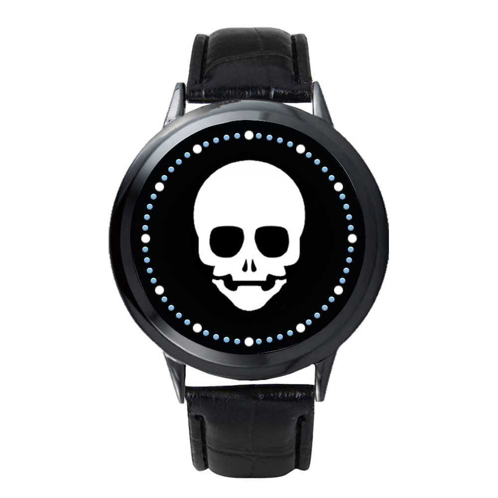 Futuristic Edge: Black LED Touch Screen Watch with White Skull Face