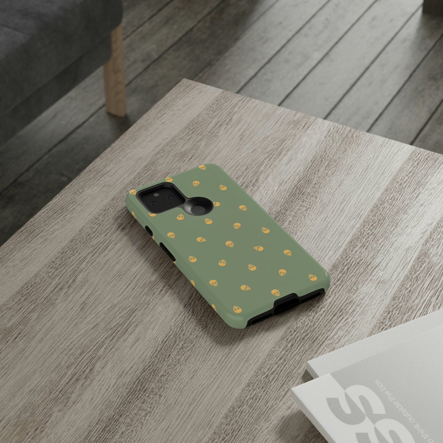 Tough Cases for Iphone, Samsung, Pixel - Sundial Skulls Pattern on Jade Green