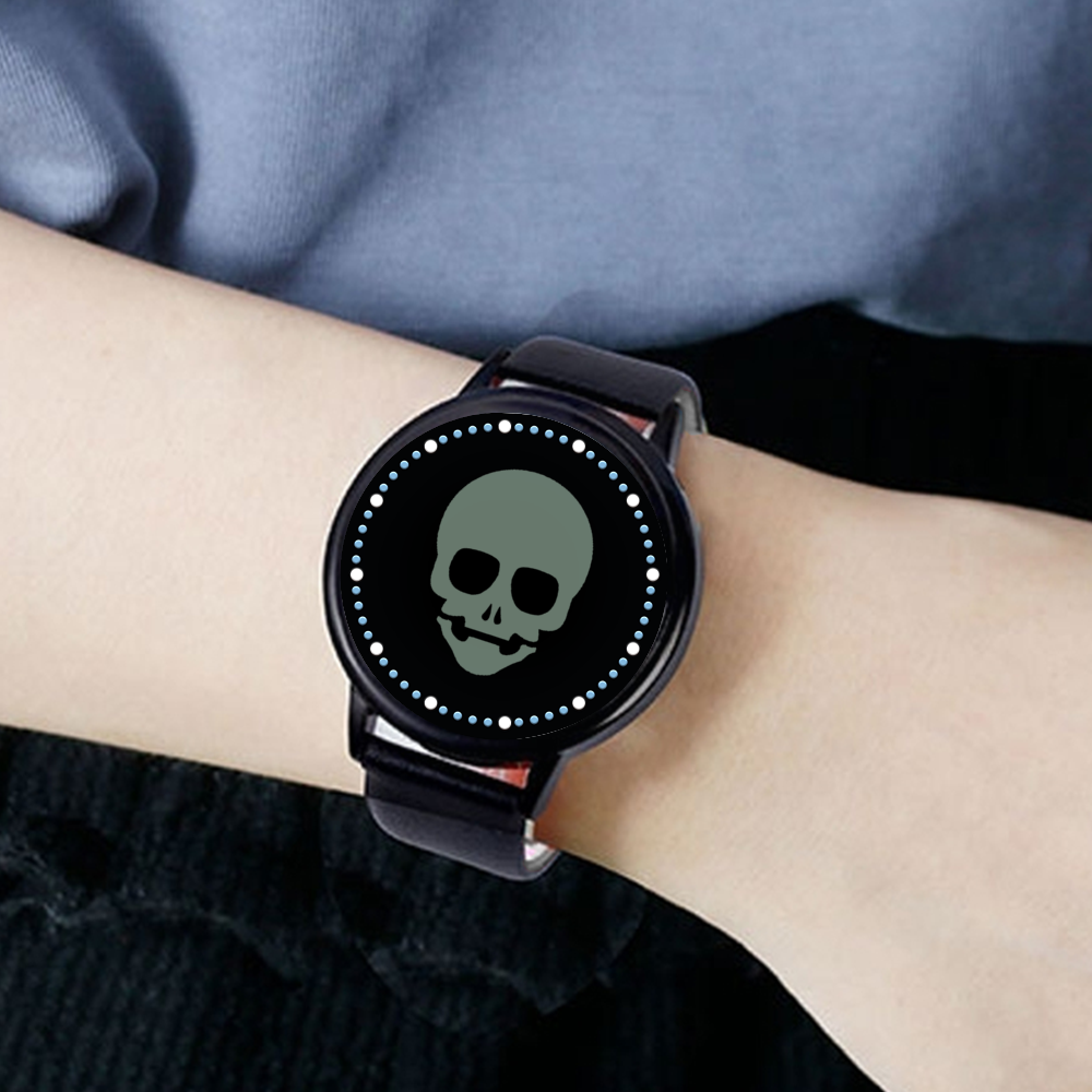 Avant-Garde Elegance: Futuristic Black LED Watch with Sage Green Skull Face