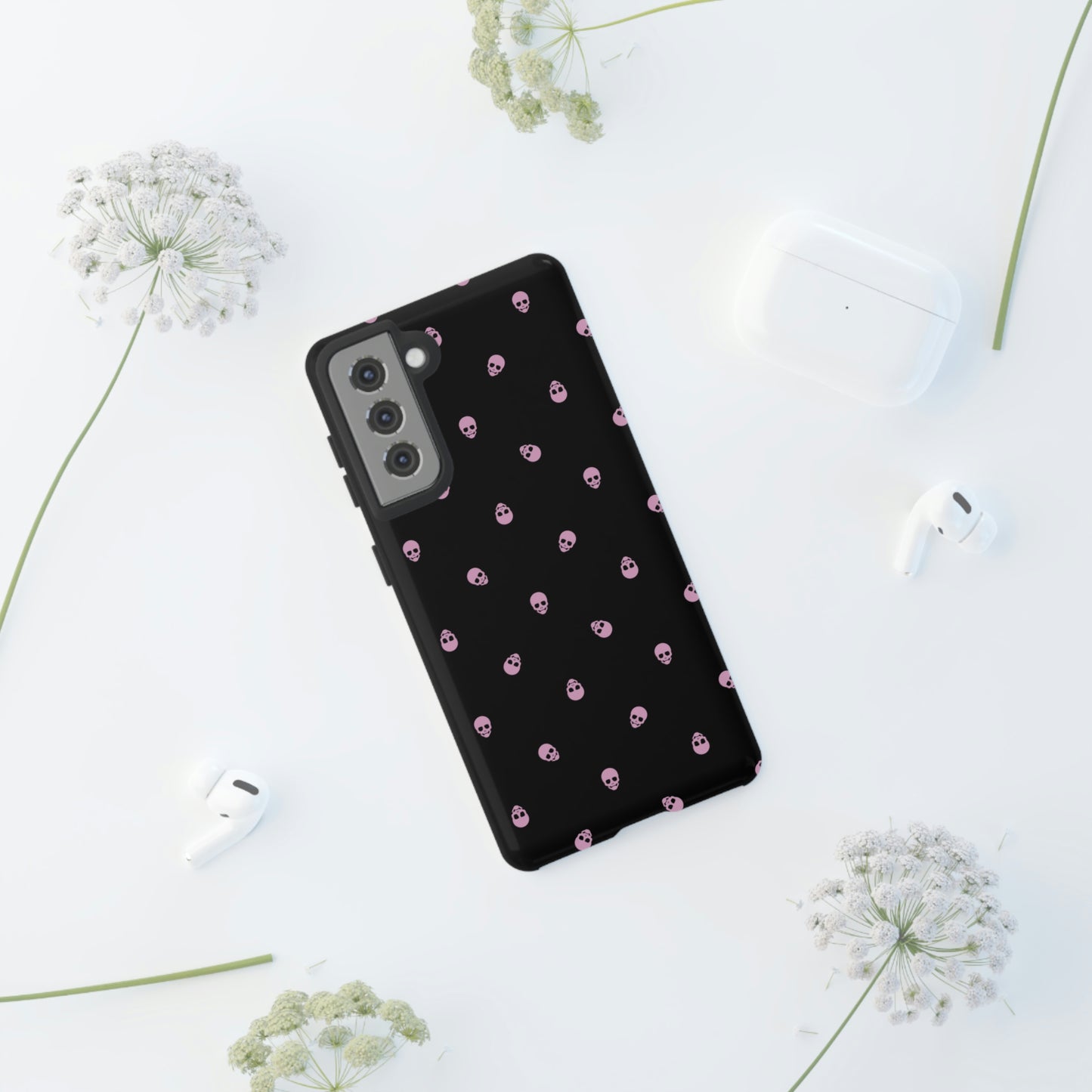 Tough Cases for Iphone, Samsung, Pixel - Fondant Pink Skulls Pattern on Black