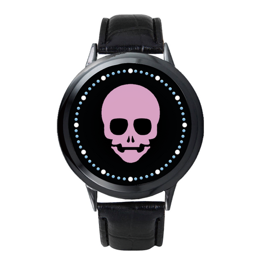 Futuristic black LED touch screen watch featuring a standout fondant pink skull face, offering a unique blend of edge and playfulness.