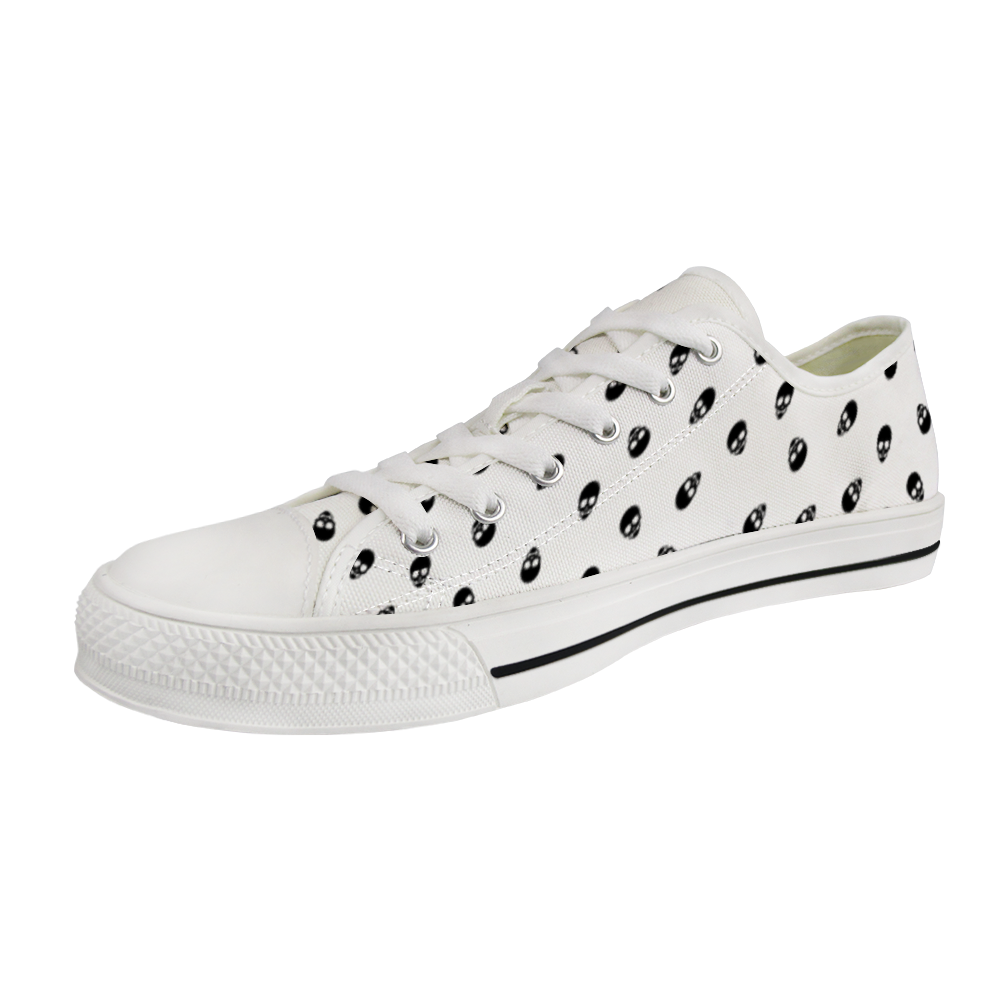 Low Top Canvas Skull Sneakers in White and Black