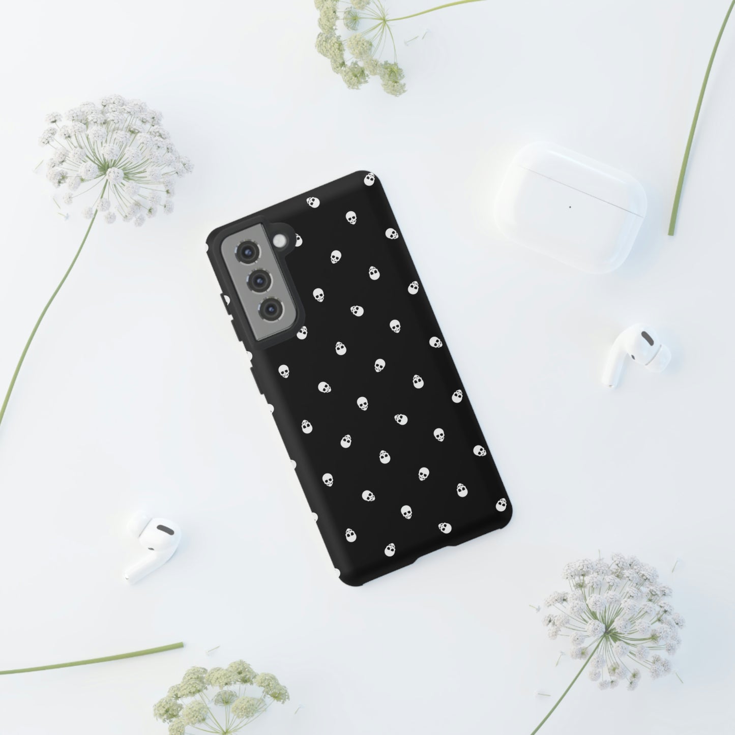 Tough Cases for Iphone, Samsung, Pixel - White Skulls on Black