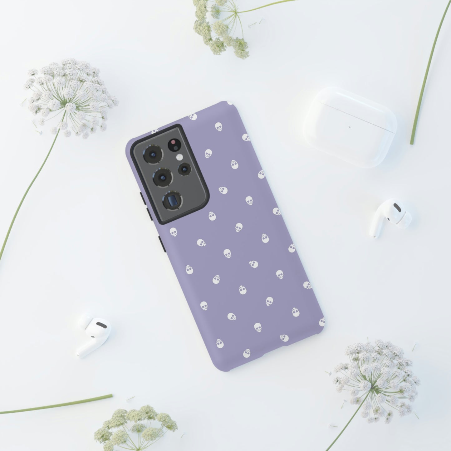 Tough Cases for Iphone, Samsung, Pixel - White Skulls Pattern on Digital Lavender