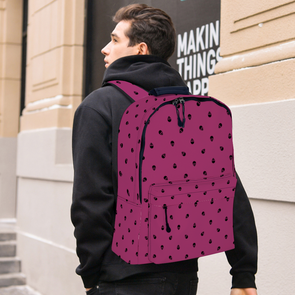 Backpack in Viva Magenta with Black Skull Pattern