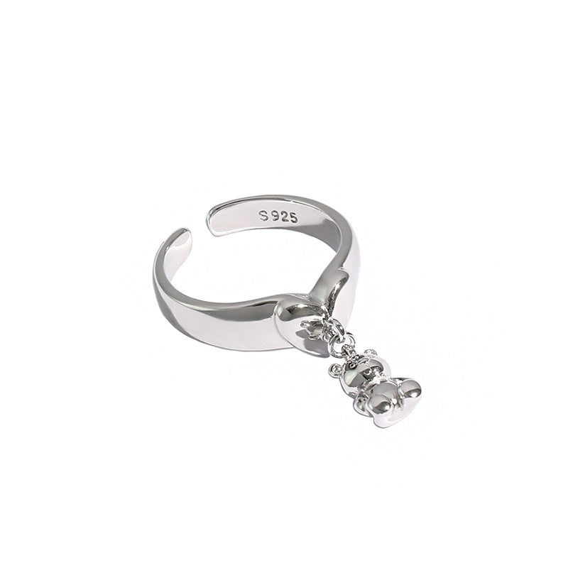 925 Sterling Silver Bear Dangle Ring with Rhodium Elektroplating