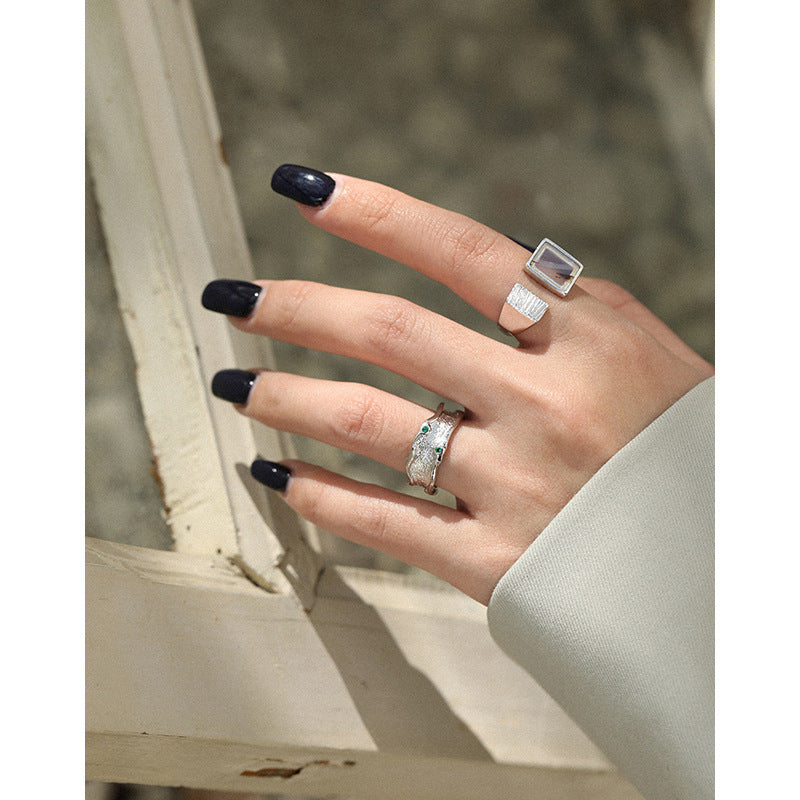 Elegance in Nature: Rectangular Natural Agate 925 Sterling Silver Adjustable Ring