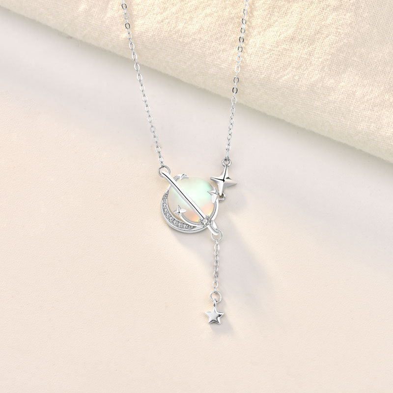 925 Sterling Silver Planet and Stars Necklace with Rhodium Elektroplating and Natural Moonstone