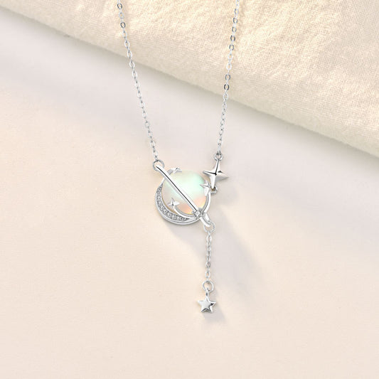 925 Sterling Silver Planet and Stars Necklace with Rhodium Elektroplating and Natural Moonstone