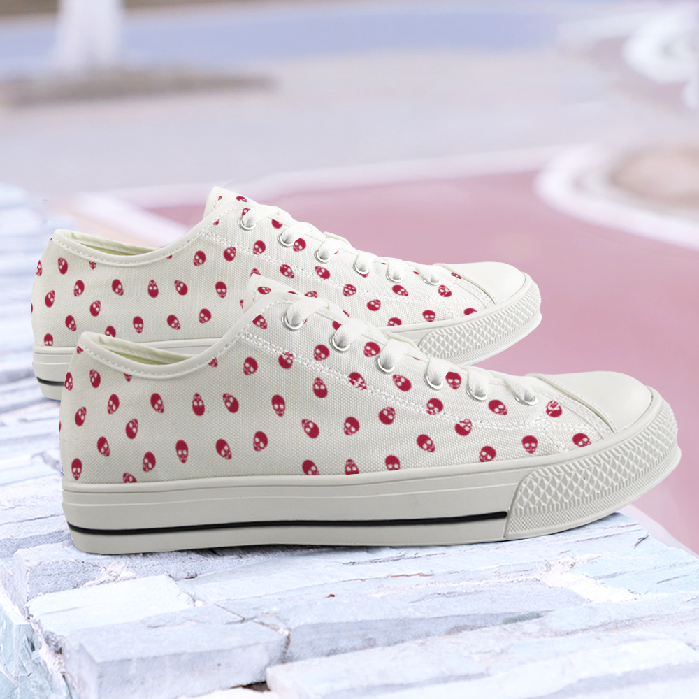 Low Top Canvas Skull Sneakers in White and Viva Magenta