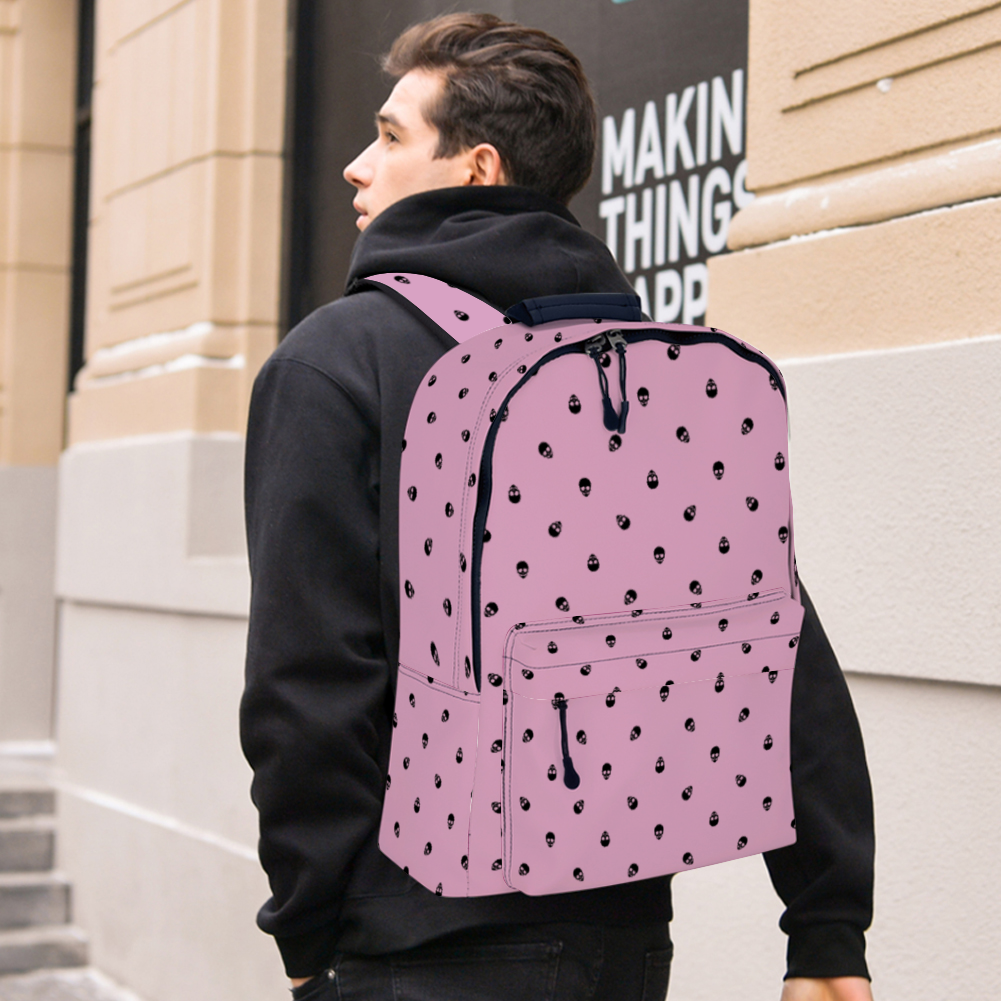 Backpack in Fondant Pink with Black Skull Pattern