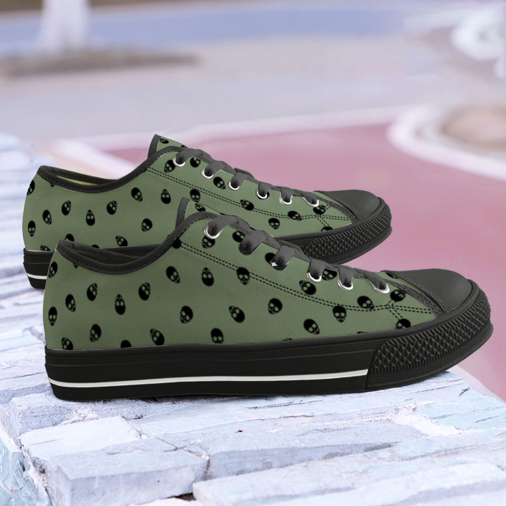 Awesome canvas sneakers in Jade Green with Black Skull Pattern and Black Soles