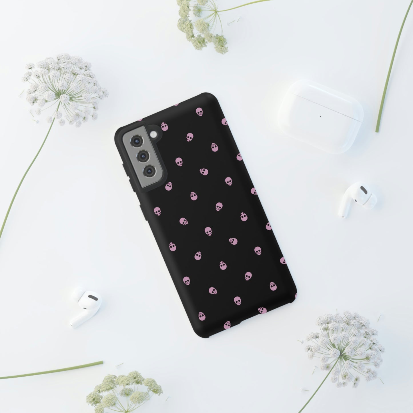 Tough Cases for Iphone, Samsung, Pixel - Fondant Pink Skulls Pattern on Black