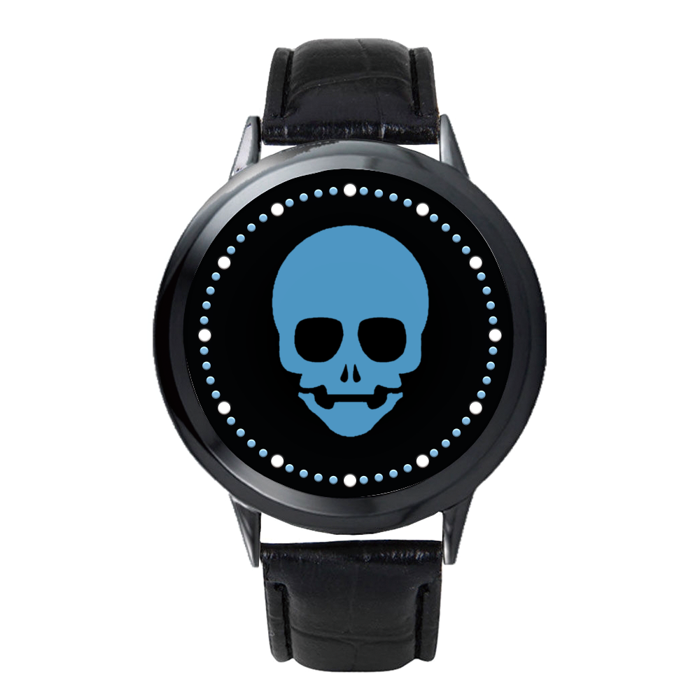 Futuristic black LED touch screen watch featuring a captivating tranquil blue skull face, perfect for adding a bold and modern touch to any look.