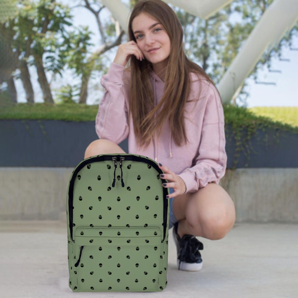 Backpack in Jade Green with Black Skull Pattern