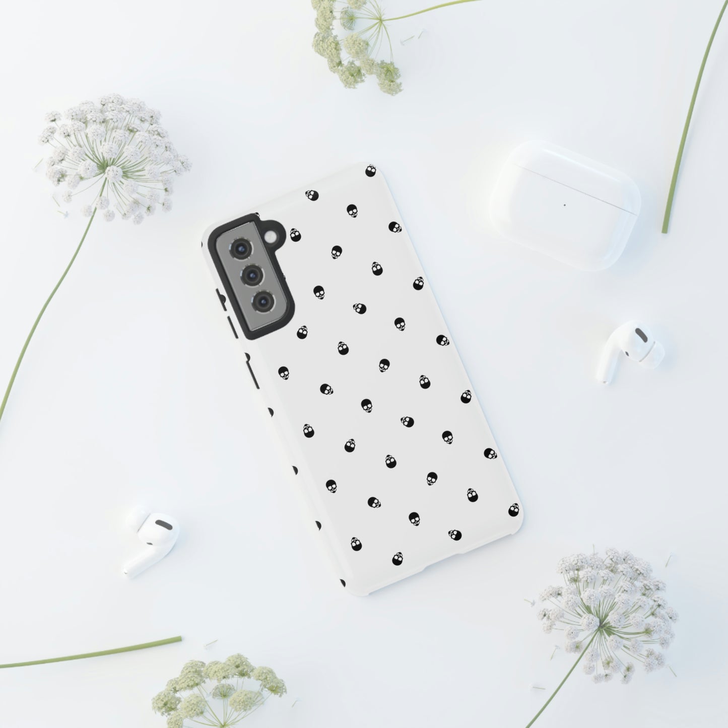 Tough Cases for Iphone, Samsung, Pixel - Black Skull Pattern on White