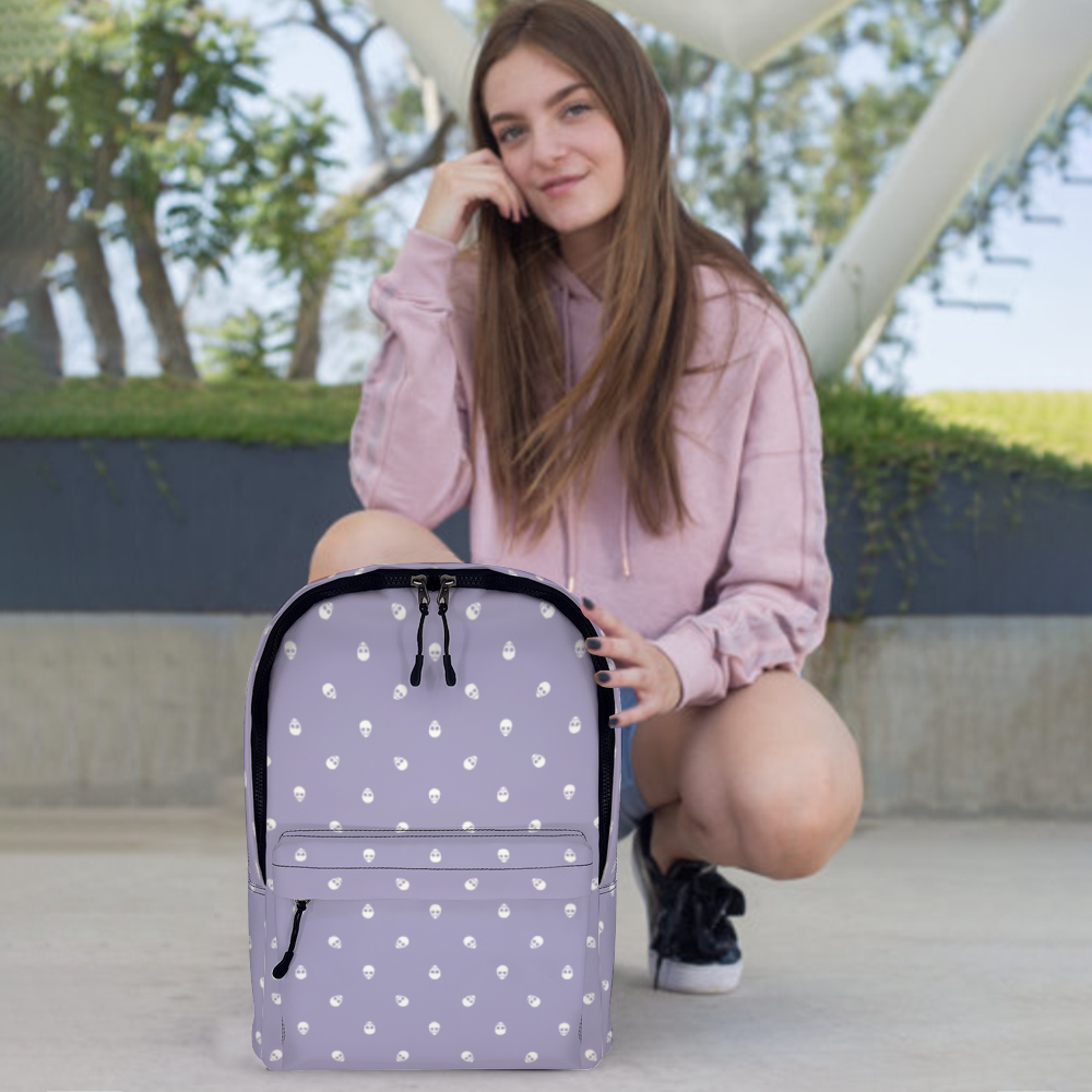 Backpack in Digital Lavender with White Skull Pattern