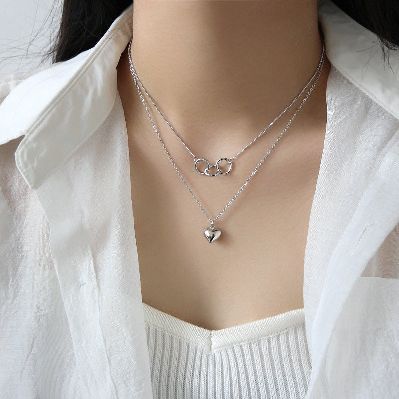 925 Sterling Silver Double Chain Heart Necklace