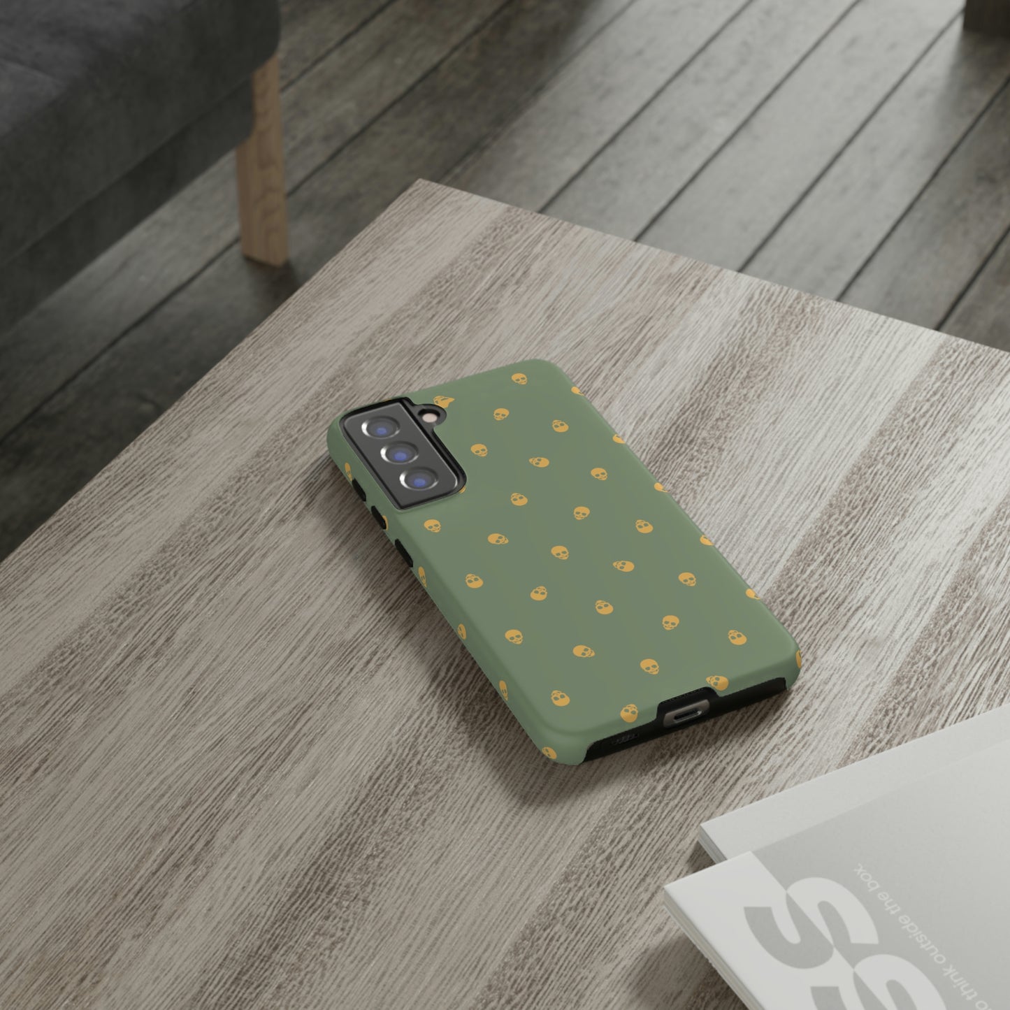 Tough Cases for Iphone, Samsung, Pixel - Sundial Skulls Pattern on Jade Green