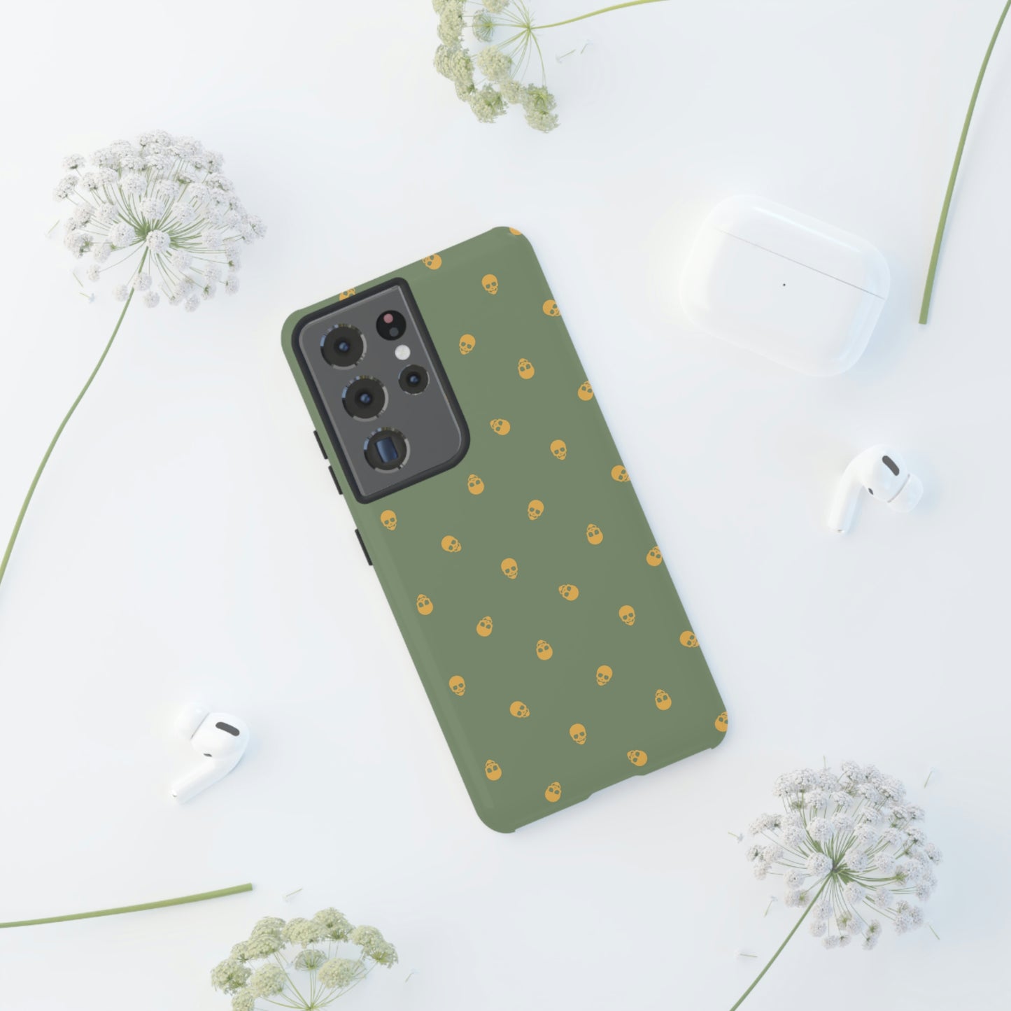 Tough Cases for Iphone, Samsung, Pixel - Sundial Skulls Pattern on Jade Green