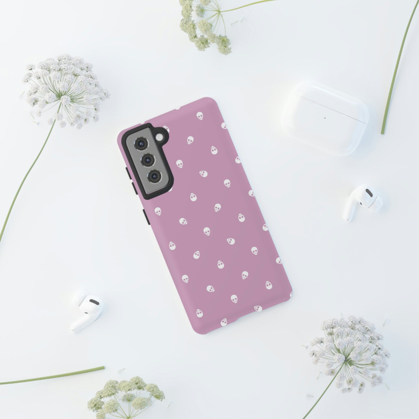 Tough Cases for Iphone, Samsung, Pixel - White Skulls Pattern on Fondant Pink