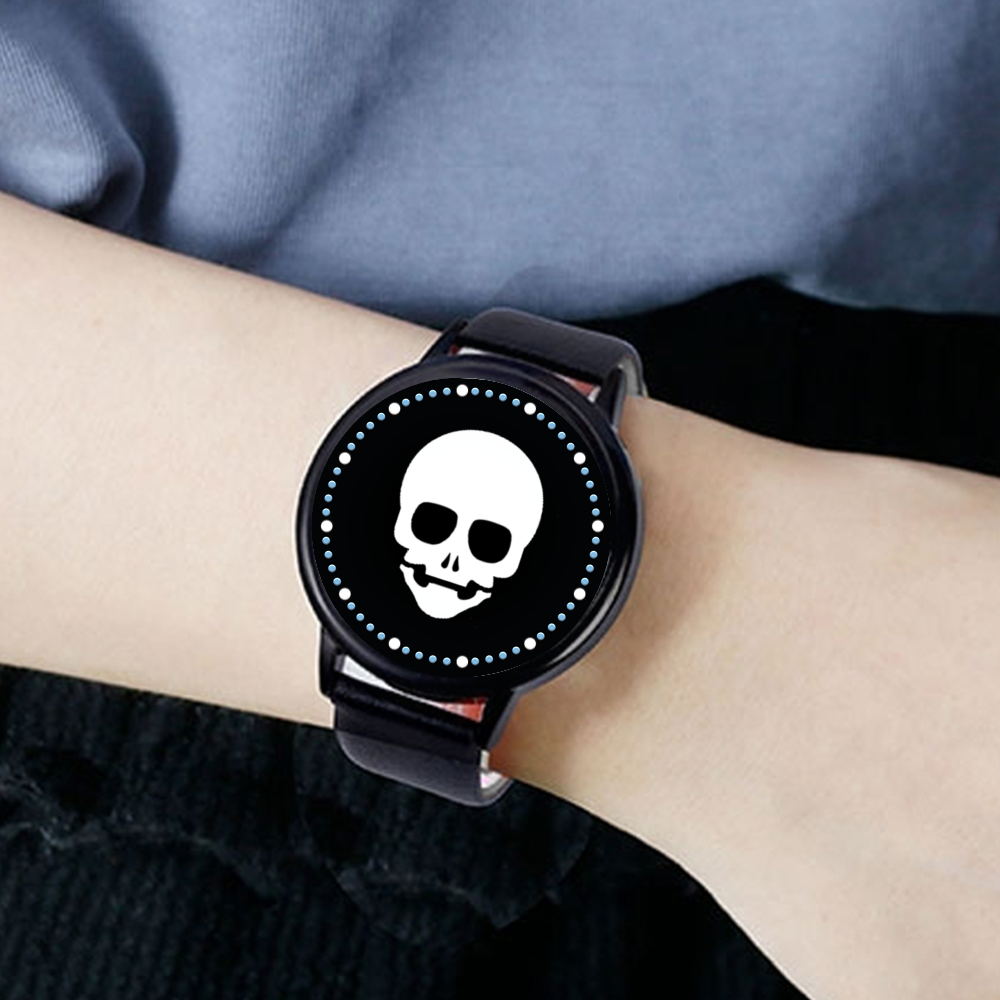 Futuristic Edge: Black LED Touch Screen Watch with White Skull Face