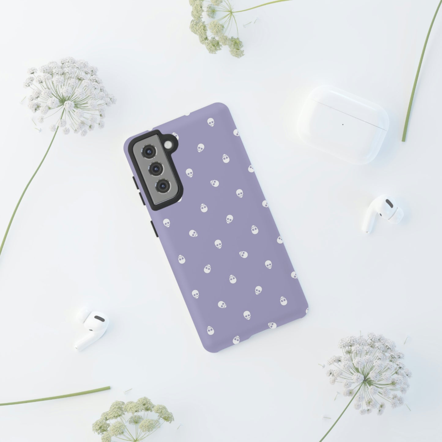 Tough Cases for Iphone, Samsung, Pixel - White Skulls Pattern on Digital Lavender